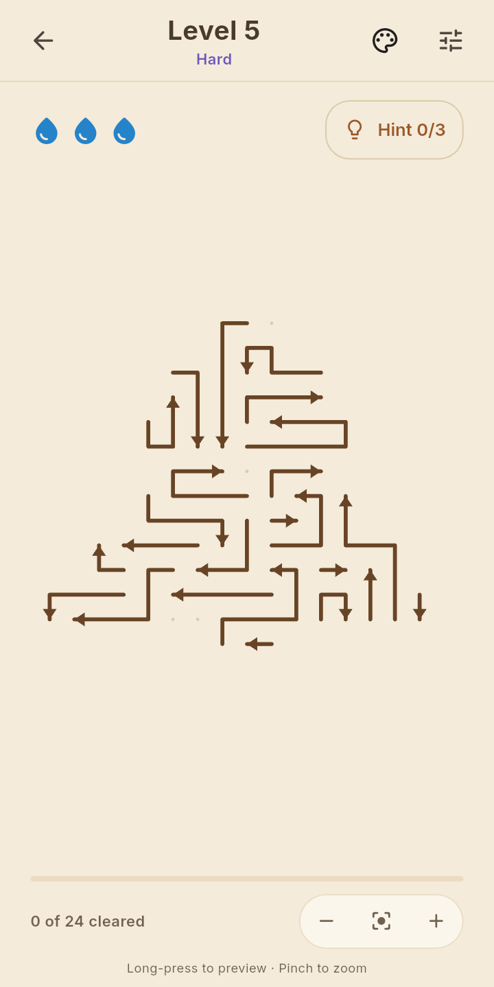 An Arrowfall puzzle board filled with interlocking arrows.