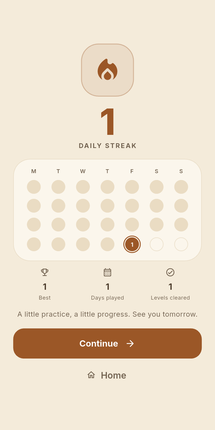 The daily streak screen showing four weeks of play.